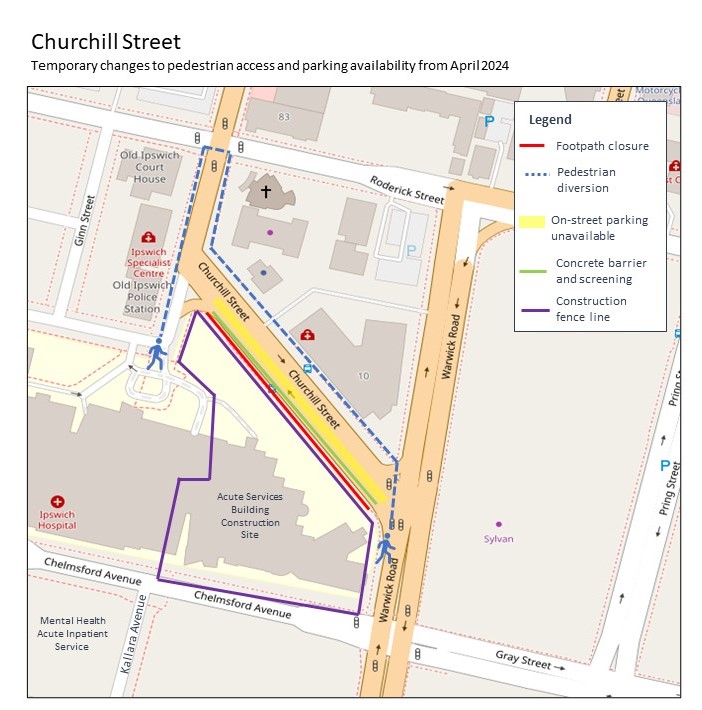 Map showing pedestrian and parking changes on Churchill Street