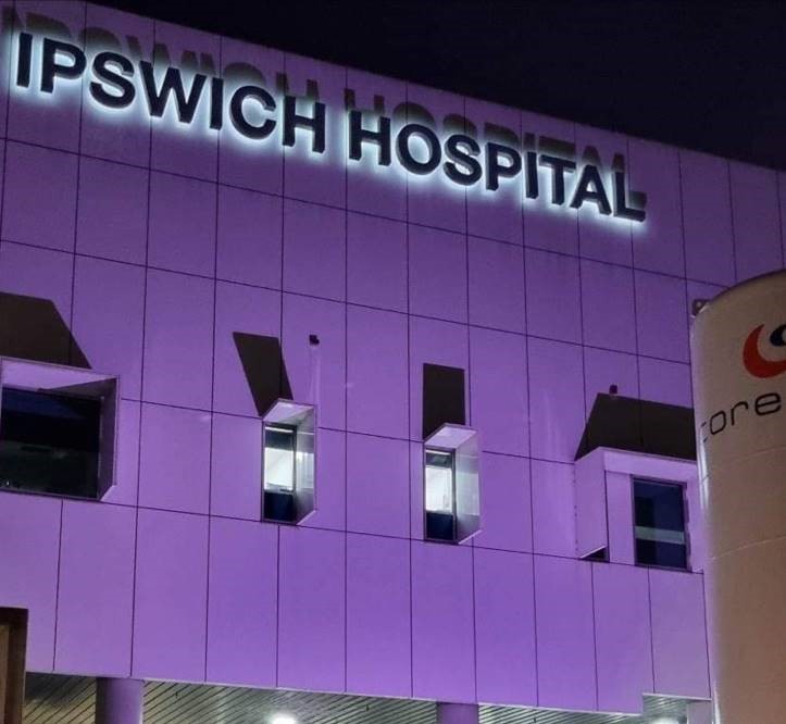Ipswich Hospital lit purple